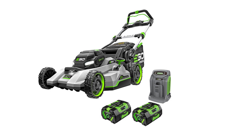 The Ego Power+ Electric Lawn Mower with two batteries and rapid charger on a white background