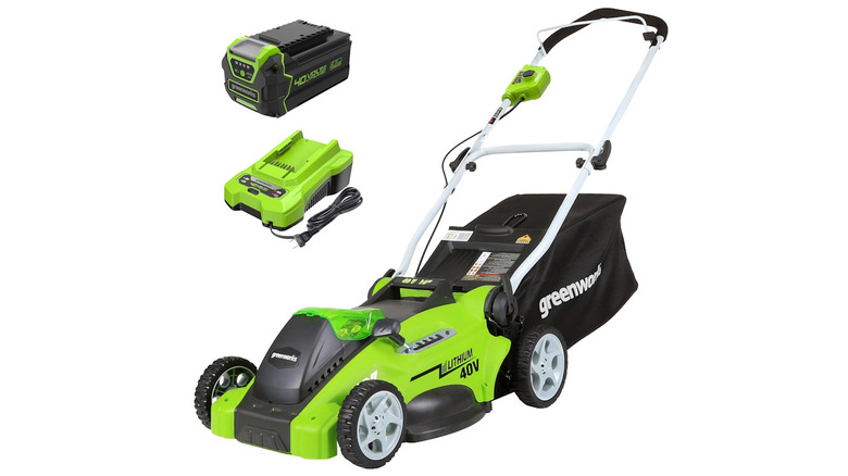 The Greenworks 40V Lawnmower with battery and charger on a white background