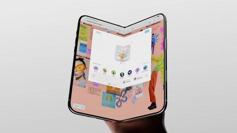 Concept image of iPhone fold open and in hand, on white background