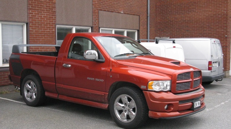 An orange Dodge Ram 1500 Hemi