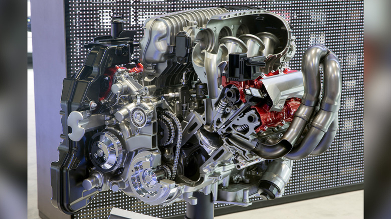 A Chevy LT6 engine on display at the 2022 New York Auto Show