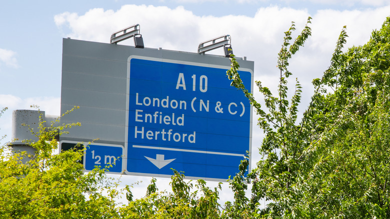 A sign designating the A10 motorway in the UK