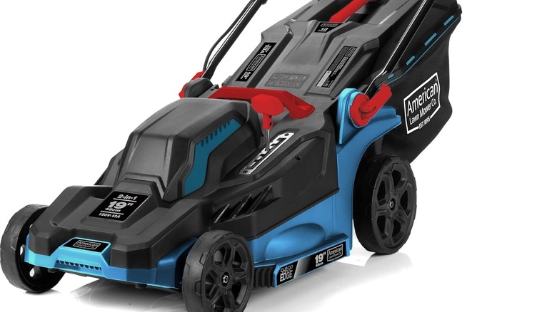 Red, blue, and black American Lawn Mower on a white background