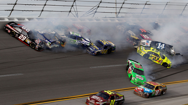 Talladega 2012 crash showing multiple cars colliding with each other