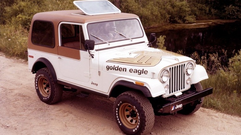 A Jeep CJ Golden Eagle with an eagle painted on it
