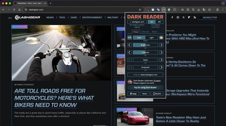 Dark Reader extension options in Chrome.