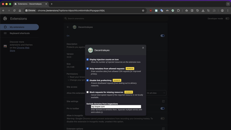 Decentraleyes settings window.