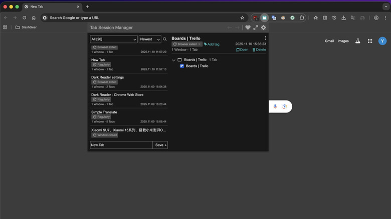 Tab Session Manager window in Chrome.
