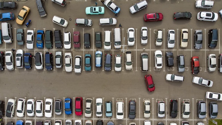 an aerial view of a crowded parking lot