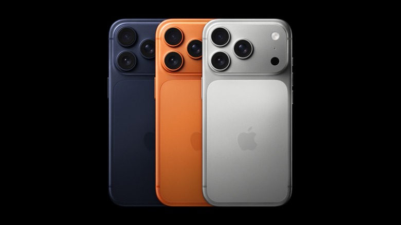 Three Apple iPhone 17 Pro Max models in different colors on display