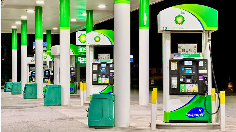 A series of gas station pumps at a BP gas station