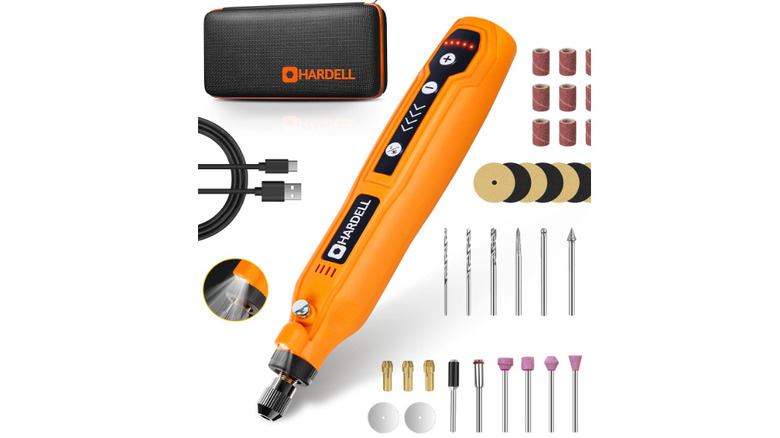 Orange Hardell rotary tool with multiple sanding heads and a carrying case