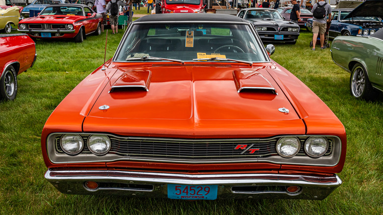 A front-end view of an orange 1969 Dodge Coronet R/T