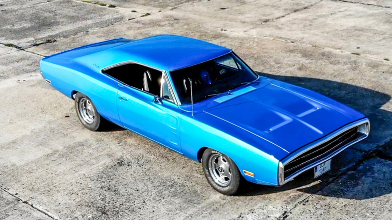 A top-end view of a blue 1970 Dodge Charger 500.
