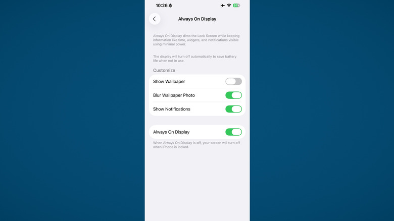 Always on display settings in iPhone settings app