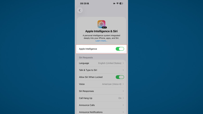 Apple Intelligence settings on iPhone