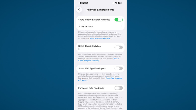 Data collection settings in iPhone settings app