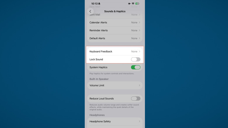Typing sounds and lock sounds in Apple iPhone settings