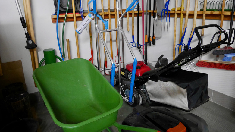Yard tools stored in a shed