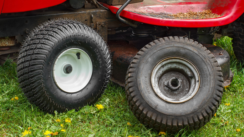 Lawn mower tires on a patch of grass