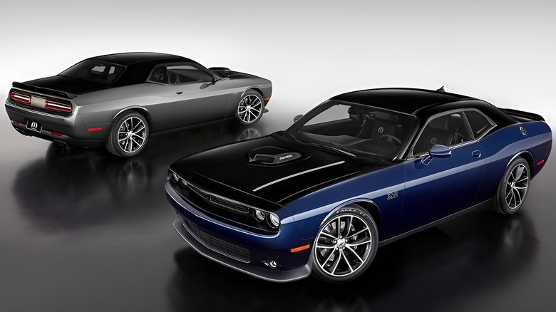Gray-Blue Mopar '17 Dodge Challengers parked