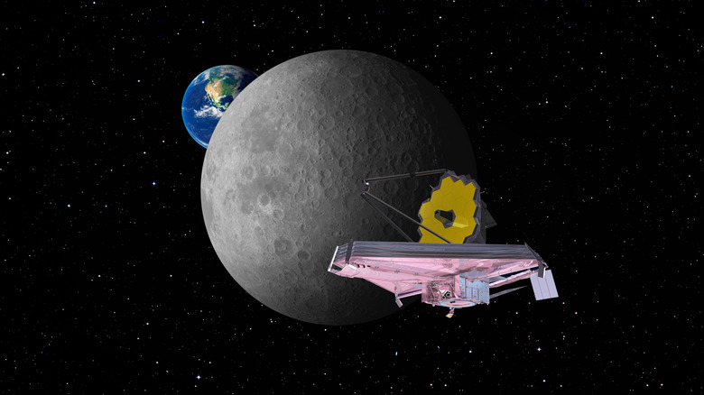 The JWST close to the moon with Earth in the far background.