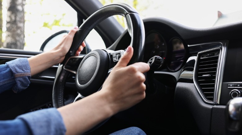 A person holding a car's steering wheel