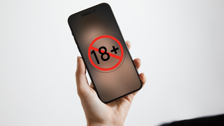 Adult content blurred on a smartphone held by a lady