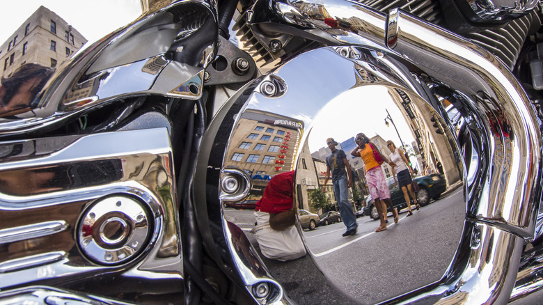 Chrome on a motorcycle's engine shined to a mirror finish