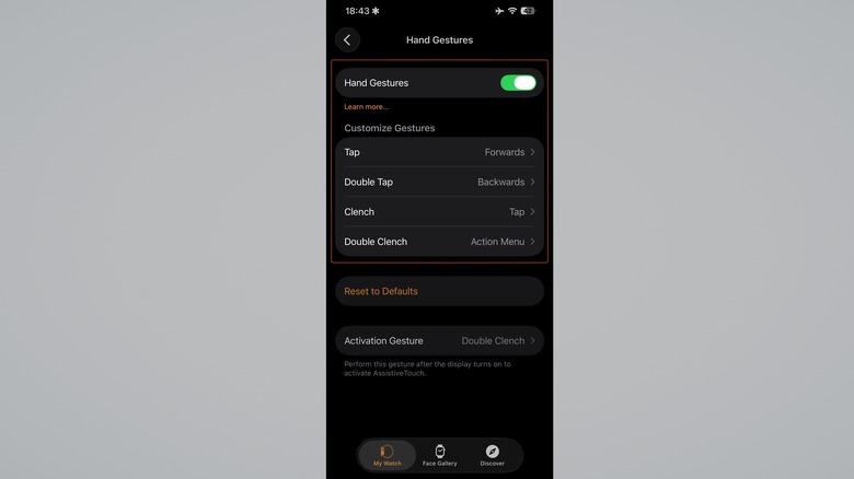 Settings for Apple Watch gesture controls