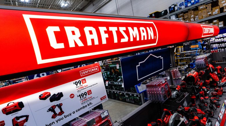 Craftsman logo displayed above tools on Lowe's store shelves