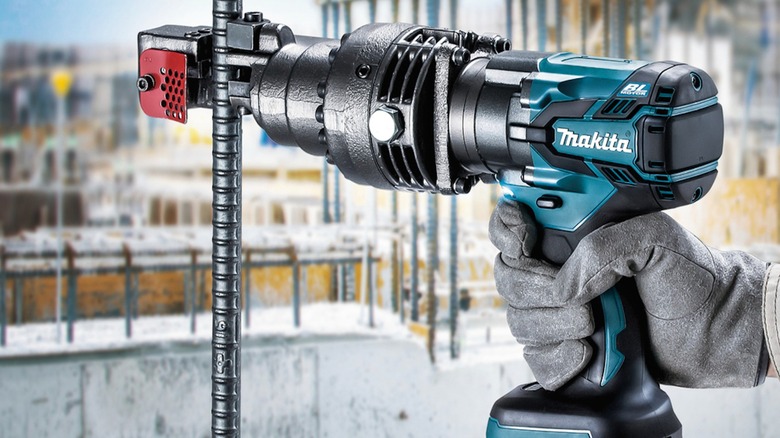 Makita Cordless Rebar Cutter in use