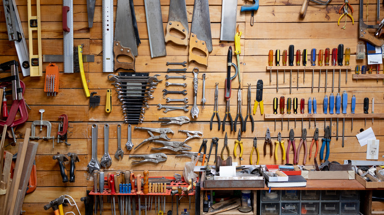 tools hanging on tool wall