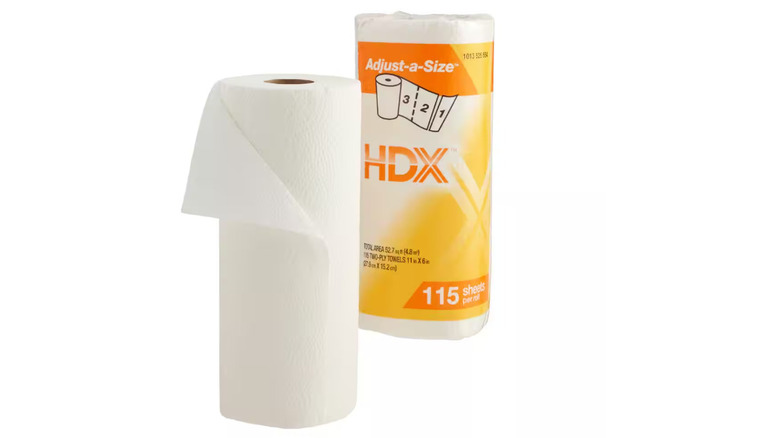 two rolls of paper towels, one in packaging
