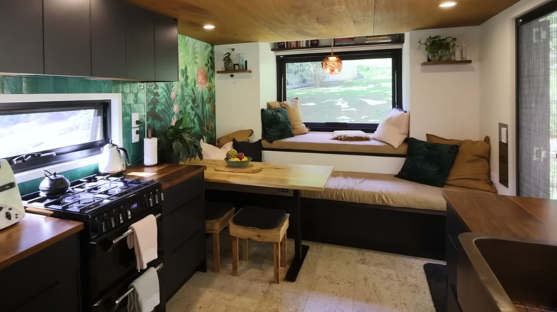 Flexible desk in tiny house kitchen