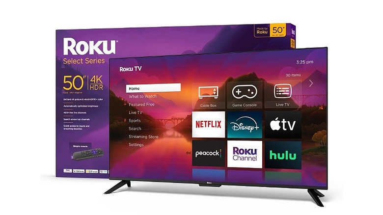 Roku smart TV and a purple box behind it