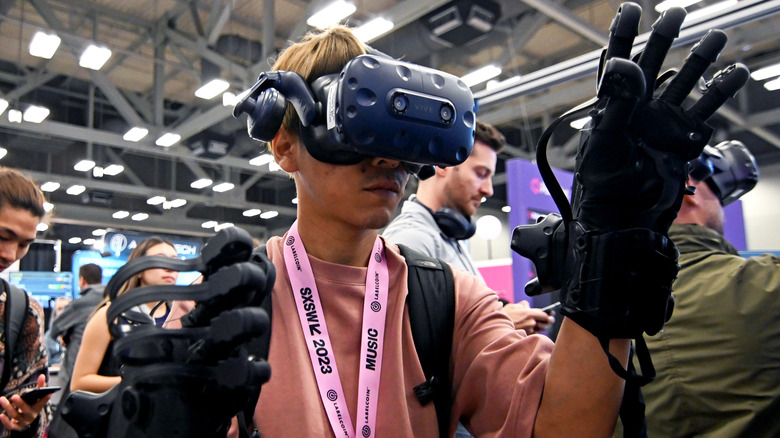 Haptic gloves used as part of VR gaming equipment.