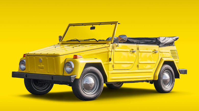 Front 3/4 view of yellow VW Thing on yellow background