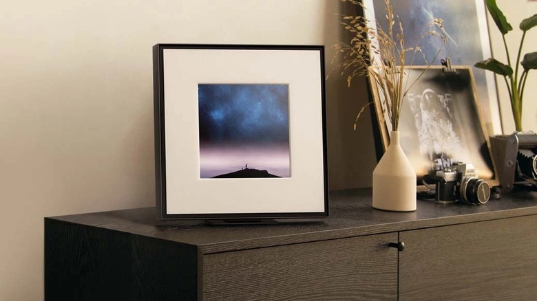 Samsung Music Frame placed on credenza
