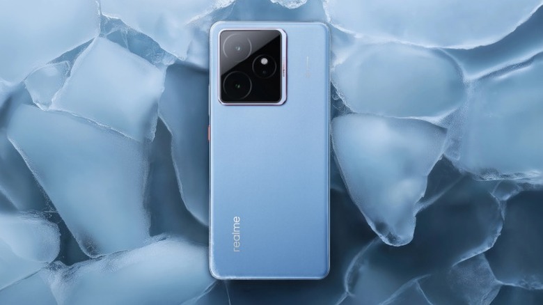 Realme GT7 phone render with ice shards in the background
