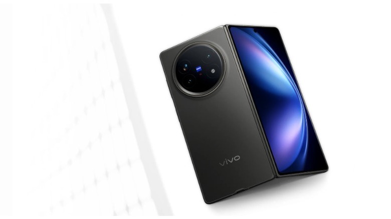 Render of the Vivo X Fold 5 phone partially unfolded in front of a white background