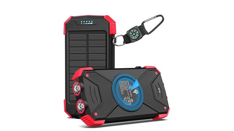 Red and black solar-powered power bank