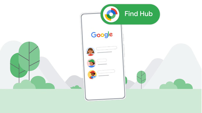 Google Find Hub graphic with a phone over nature background