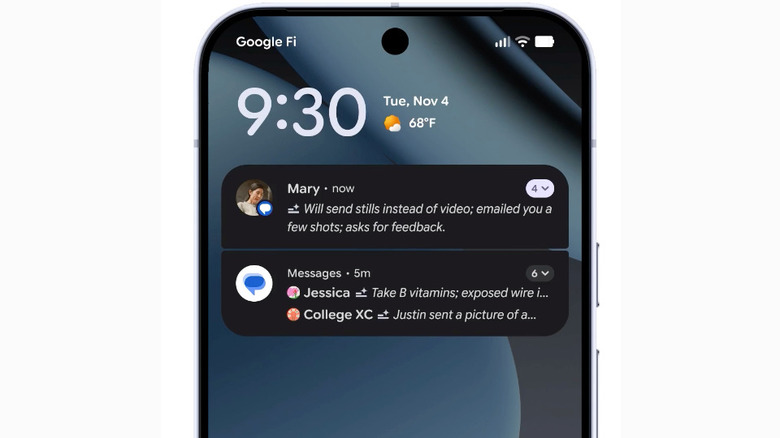 A notification summaries on a Google Pixel phone