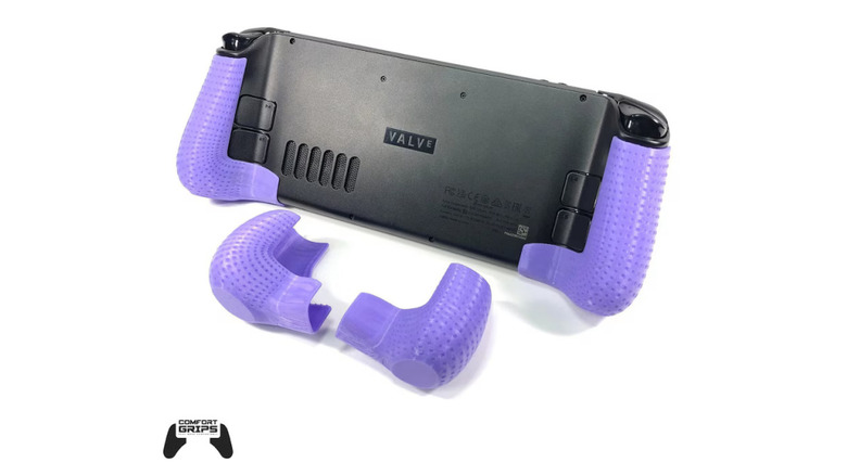 Comfort grips installed on Steam Deck, white background