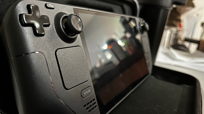 steam deck in case side view in indoor setting