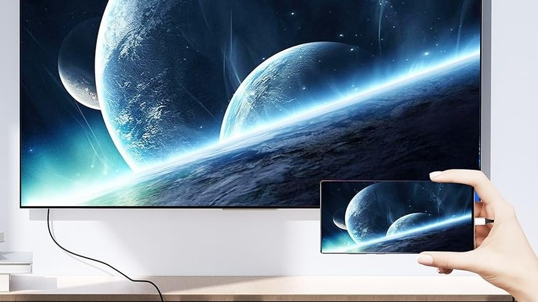 A USB-C to HDMI cable used for for projecting a phone screen to a TV