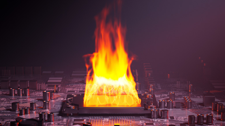 An illustration of a CPU on fire on a motherboard.