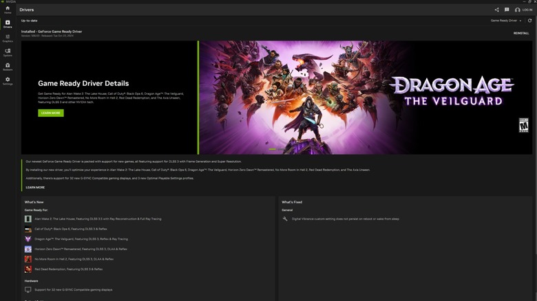 Nvidia app showing latest graphics card drivers