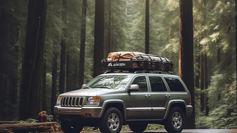 A car with Arksen roof storage mounted on top